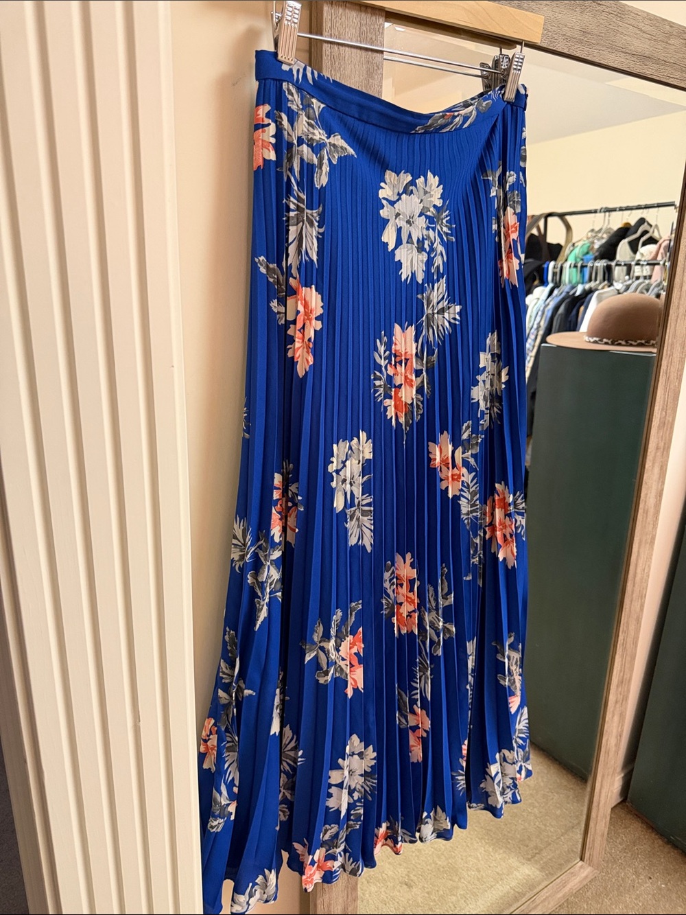 Banana Republic Royal Blue Pleated Midi Skirt with Floral Print